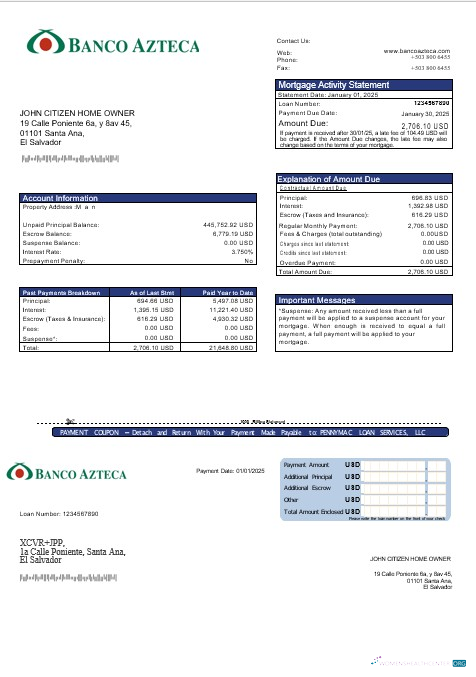 Download Salvador Banco Azteca mortgage statement in Word and PDF formats Photoshop template
